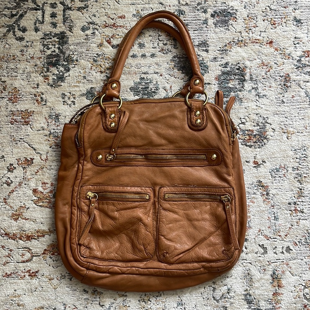 Linea Pelle Tan Leather Satchel with Gold Hardware